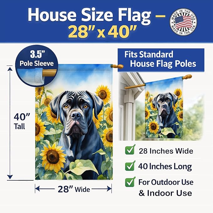 Caroline's Treasures DAC6045CHF Cane Corso in Sunflowers House Flag Large Porch Sleeve Pole Decorative Outside Yard Banner Artwork Wall Hanging, Polyester, House Size, Multicolor