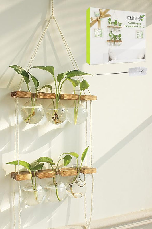 Renmxj Plant Propagation Station Wall Hanging with 2 Tiered Wooden Stand | Plant Terrarium for Hydroponics Plants, Unique Gardening Gifts for Women Mom Plants Lovers - 6 Bulb Glass Vases