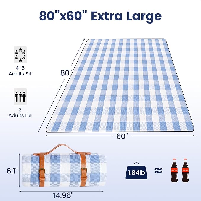sapsisel 80”x60” Picnic Blanket Extra Large, Waterproof Picnic Blanket Beach Blanket