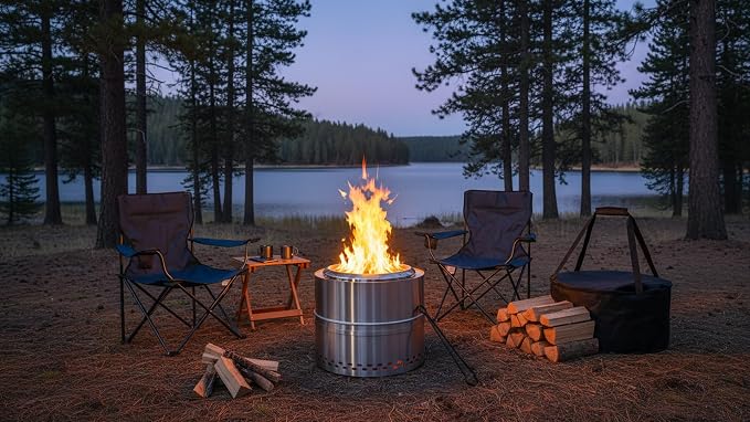 Smokeless Firepit Bonfire 20", Outside Wood Burning Metal Stove Stainless Steel Fire Pit with Carry Bag, Portable Camping Propane Patio Backyard, Easy Setup & Cleaning (Silver Without Hallow)