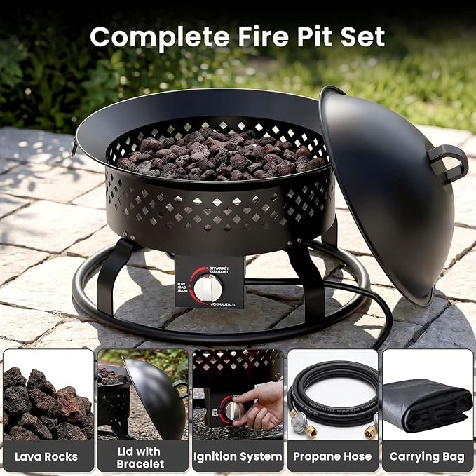 Electactic Portable Propane Fire Pit, 50000 BTU with Fire Pit Cover, Carrying Kit, 19-inch, Smokeless Gas Fire Pit for Camping, Backyard, RV, Deck and Outdoor Activities