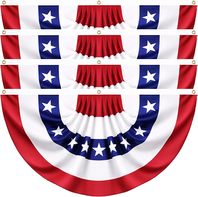 4 Pack Large USA Patriotic Pleated Fan Flag Set - 3x6 Ft American Bunting Flags with Sewn Stripes, Brass Grommets - Memorial Day Independence Day 4th of July Outdoor Decorations