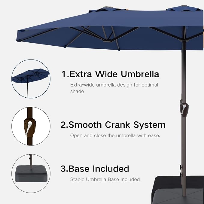 Kingdura 13ft Large Patio Umbrella with Base Included, Double-Sided Rectangle Outdoor Table Umbrella with 12 Reinforced Ribs, Crank Lift for Market Pool Deck Backyard, Navy blue