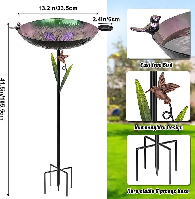 41.5" Metal Bird Bath for Outside, Detachable Birdbath Sturdy 5-Prong Stake Base with Bowl & Decorative Birds, Durable Iron Garden Birdbath & Feeder for Patio Wildlife Décor (Purple to Green)
