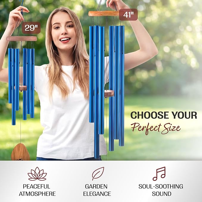 Blue Wind Chimes for Outside Deep Tone, 41 Inch Hand Tuned B Major Pentatonic Alto Wind Chime with Decorative Kindness Stone, Outdoor Garden Patio Porch Decor, Meaningful Sympathy Memorial Gift