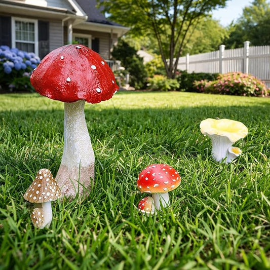 6 PCS Mushroom Decor Fairy Garden Accessories Outdoor - Assorted Sizes Resin Garden Mushrooms, Colorful Mushroom Figurines Yard Art Ornaments for Lawn, Patio, Plant Pot Decor (Four Set)