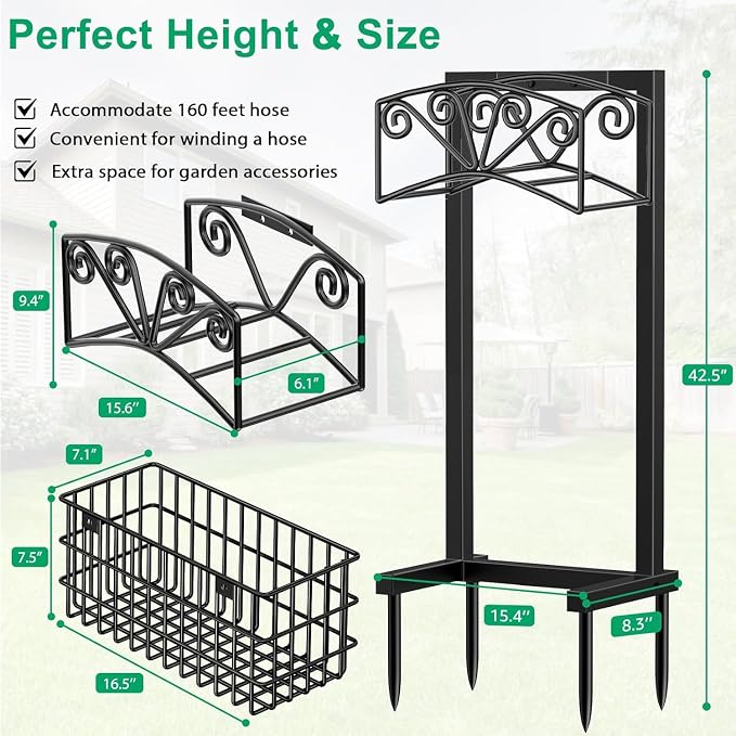 TomCare Garden Hose Holder Upgraded Heavy Duty Metal Water Hose Holder Holds 160 FT Hoses Sturdy Hose Reel Freestanding Outdoor Hoses Storage Hanger for Outside Yard Lawn