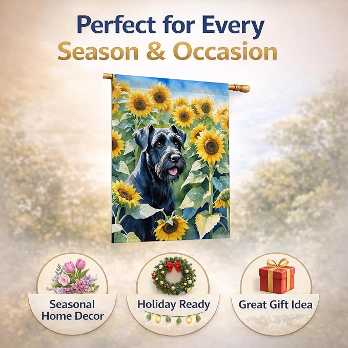 Caroline's Treasures DAC6087CHF Giant Schnauzer in Sunflowers House Flag Large Porch Sleeve Pole Decorative Outside Yard Banner Artwork Wall Hanging, Polyester, House Size, Multicolor