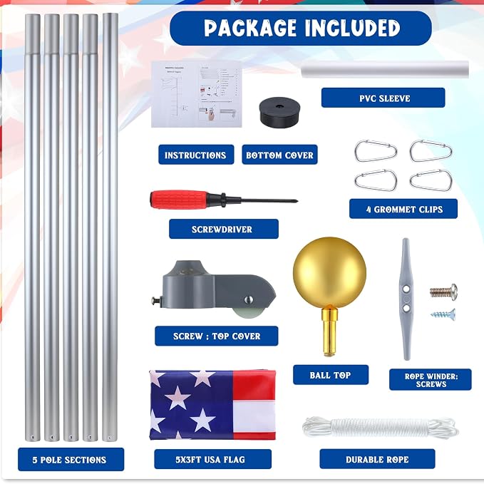 FuWeave Flagpoles for Outside House in Ground 16 ft Sectional Flag Pole Kit Extra Thick 16 Gauge Heavy Duty Aluminum Flag Pole with Gold Ball Top for Residential or Commercial (Silver)