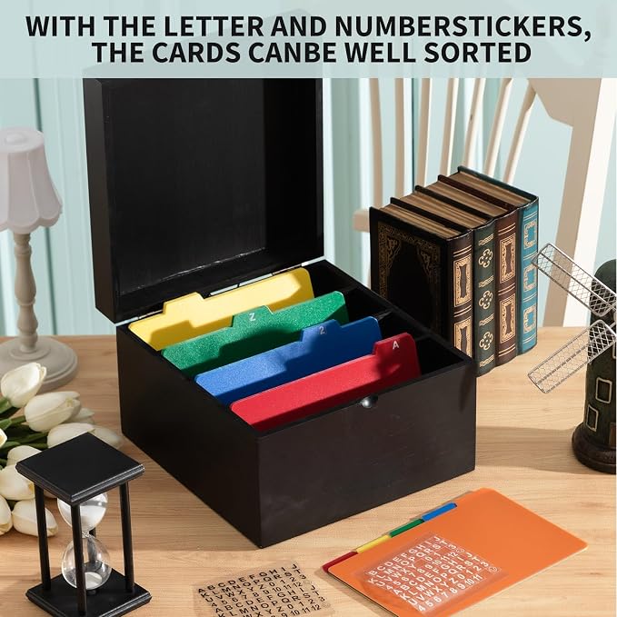 Henoyso 5 x 8 Inch Index Card Holder Set, Bamboo Organizer Box with 50 Dividers & 2 Sheets Alphabet Number Stickers File Note Holders, Holds 1200 Cards for Office Business Home Kitchen, Black
