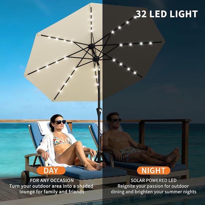 GarveeLife Patio Umbrella with Solar Lights, Outdoor Table Umbrella with 8 Durable Ribs, Tilt & Crank Mechanism, Water & UV Protection Sun Shade Umbrella for Garden, Poolside, Backyard (Beige, 9 FT)