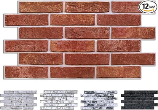 COMSTICKC 3D Red Faux Brick Wall Panel Peel and Stick Wall Stickers, 12 pcs of 22.8" x 11.8", DIY Lightweight PVC Fake Brick Decorative Wall Covering Backsplash Interior Decor,Covers 22.48 sq.ft