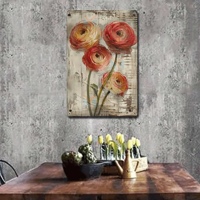 Metal Sign Tin Sign Vintage Wall Art Vintage Ruffled Ranunculus Tin Sign for Shabby Chic Interiors Rustic Elegance and Corrosion Resis Inspirational Wall Art for Bar 8×12 Inches