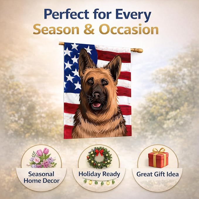 Caroline's Treasures CK6536CHF German Shepherd Dog American Flag House Flag Large Porch Sleeve Pole Decorative Outside Yard Banner Artwork Wall Hanging, Polyester, House Size, Multicolor