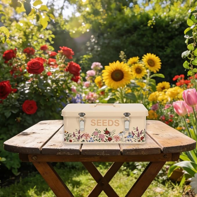 JarThenaAMCS Spring Wildflower Metal Seed Storage Organizer 4 Dividers Vintage Floral Metal Seed Saving Box with 50 Kraft Seeds Envelopes 50 Blank Plant Label Stakes 1 Marker Pen for Home Garden