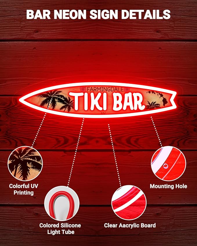 Custom Tiki Bar Neon Sign, Personalized UV Printing Tiki Coconut Tree LED Signs, Bar Neon Lights Customizable for Home Pub Man Cave Lounge Pool Party Summer Decor Outdoor, Men Dad Gifts