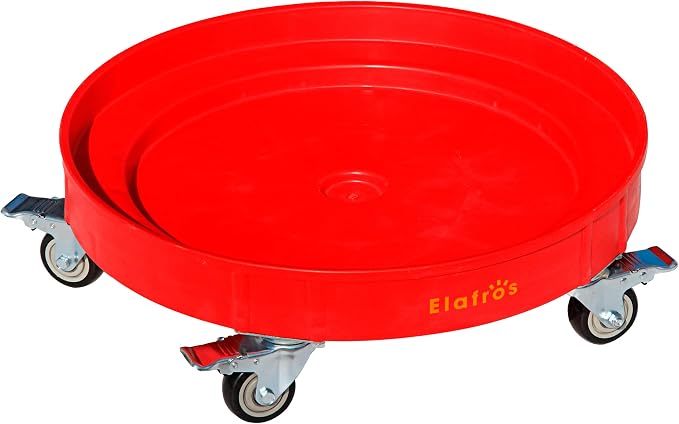 ELAFROS 30 Gallon and 55 Gallon Heavy Duty Plastic Drum Dolly – Durable Plastic Drum Cart 900 lb. Capacity- Barrel Dolly with 5 Swivel Casters Wheel, Red, with Brake
