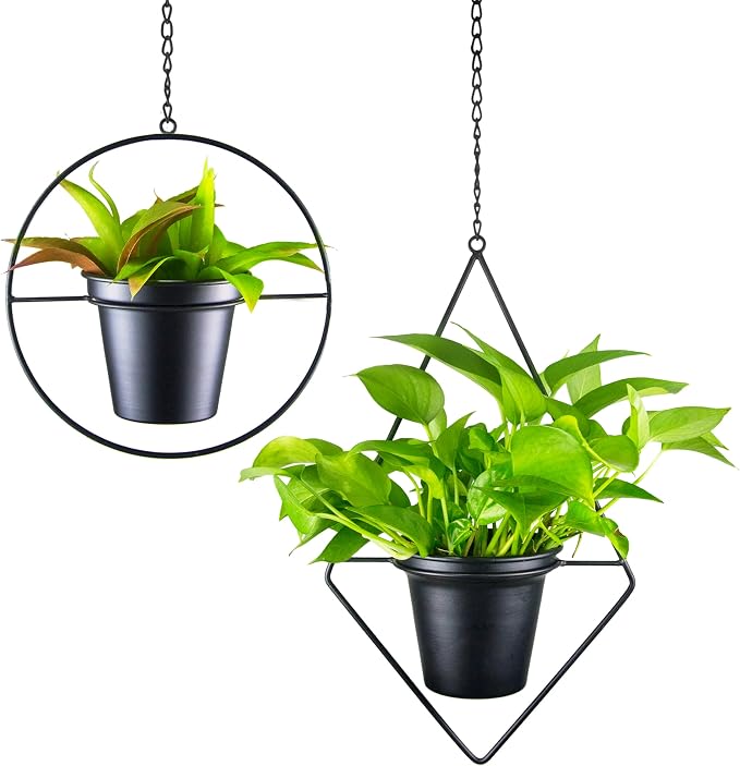 Modern Metal Hanging Planters Set of 2 - Round and Diamond Geometric Plant Hangers with 5 Inch Pots - Black Wall and Ceiling Mount Flower Holders for Indoor Houseplants, Boho Home Décor