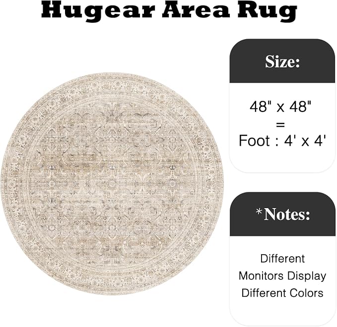 4ft Round Beige Vintage Distressed Washable Rug for Living Room | Low Pile, Non Slip, Retro Style, Soft Distressed Round Rug for Living Room, Bedroom, Dining Room, Home Decor