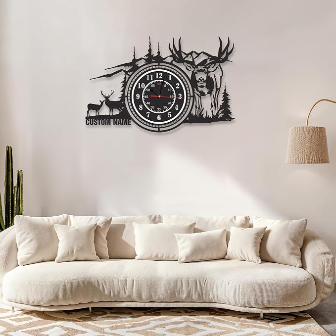 Personalized Name Outdoor Wall Clock, Metal Deer Wall Clock, Silent Non Ticking, Battery Operated, Deer Wall Art, Black Rustic Clocks for Living Room Farmhouse, Hunting Gifts, Cabin Decor