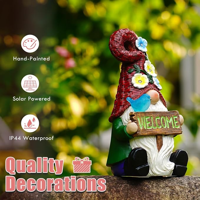 Solar Gnome with Wlecome Decor for Yard Decorations | 10 Inch Gnome Statue Decor for Outdoor,Perfect Garden Gifts for Women,Mom