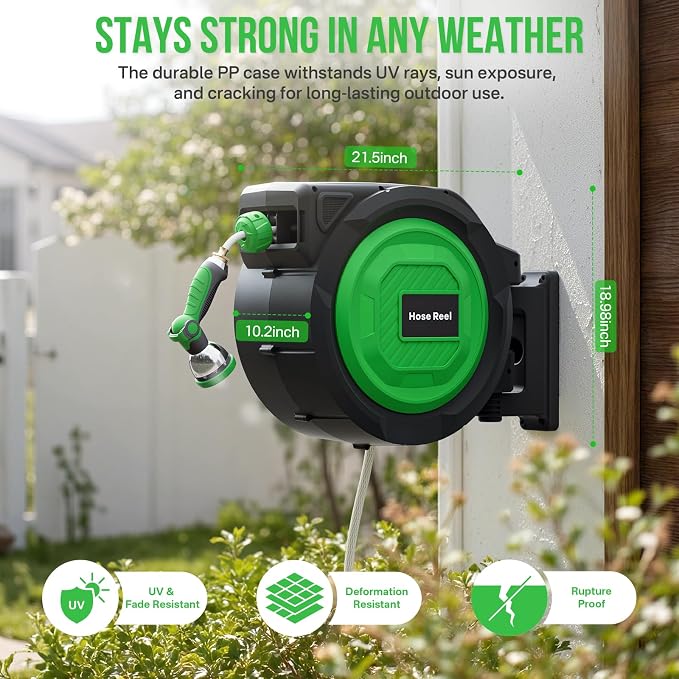 Retractable Garden Hose Reel, 5/8 in x 100 ft Heavy Duty Wall-Mounted Hose Reel with 180° Swivel Bracket, 10-Pattern Nozzle, Automatic Slow Rewind System, Any Length Lock for outside Watering,Cleaning