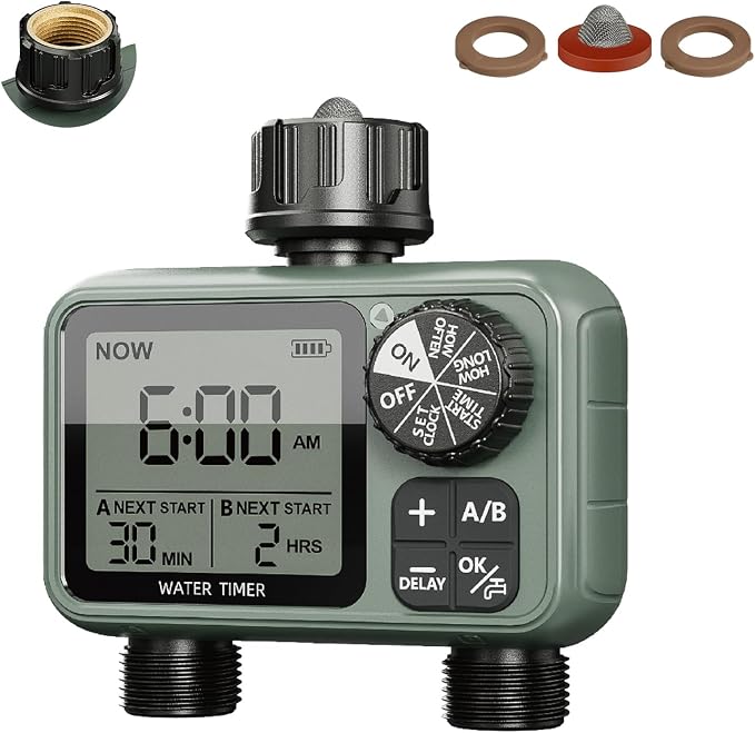 CMARS 2 Zone Sprinkler Timer for Garden Hose – Features Rain Delay, Manual & Automatic Modes, Brass Inlet, Dual Outlet Design, Programmable Watering & Drip Irrigation Ready for Lawn Yard