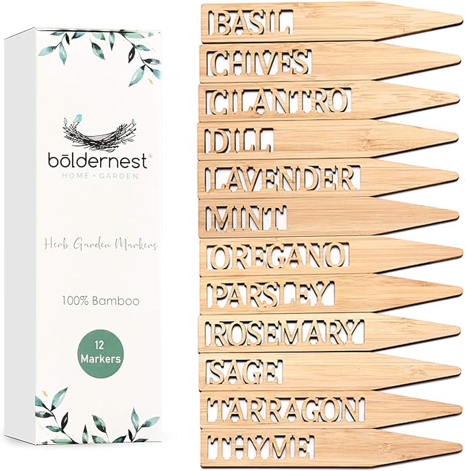 Bamboo Herb Markers - Set of 12 Beautiful Garden Labels - Sturdy Outdoor Garden or Potted Herb Markers
