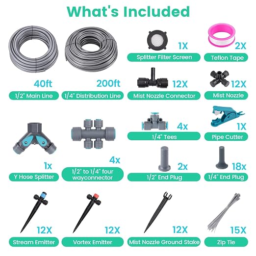240FT Quick-Connect Drip Irrigation System, Garden Watering System 1/4" & 1/2" Fast-Lock Tubing, Adjustable Nozzles Emitters for Outdoor Raised Garden Beds,Greenhouse, Lawn, Patio