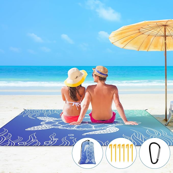 Ainiv Beach Blanket, Large Picnic Mat 210 x 200 cm (4-6 People) Foldable, Sandproof Waterproof, Camping Outdoor Blanket with 6 Fixed Nails for Beach, Hiking, Picnic