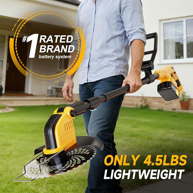 Brushless 4-in-1 Cordless Weed Wacker Edger with Wheel, 20000RPM 12'' Electric Weed Eater Battery Powered Brush Cutter, Grass Trimmer Stringless Weed Trimmer Lawn Mower Metal Blade Battery Charger