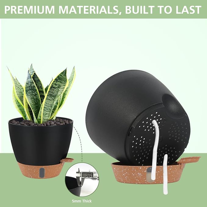 Self Watering Pots with Water Level Indicator, 12" 10" 9" 8" Large Plastic Flower Pots with Mesh Drainage Hole and Removable Saucer Reservoir for Indoor Outdoor Plants 4pcs （Black