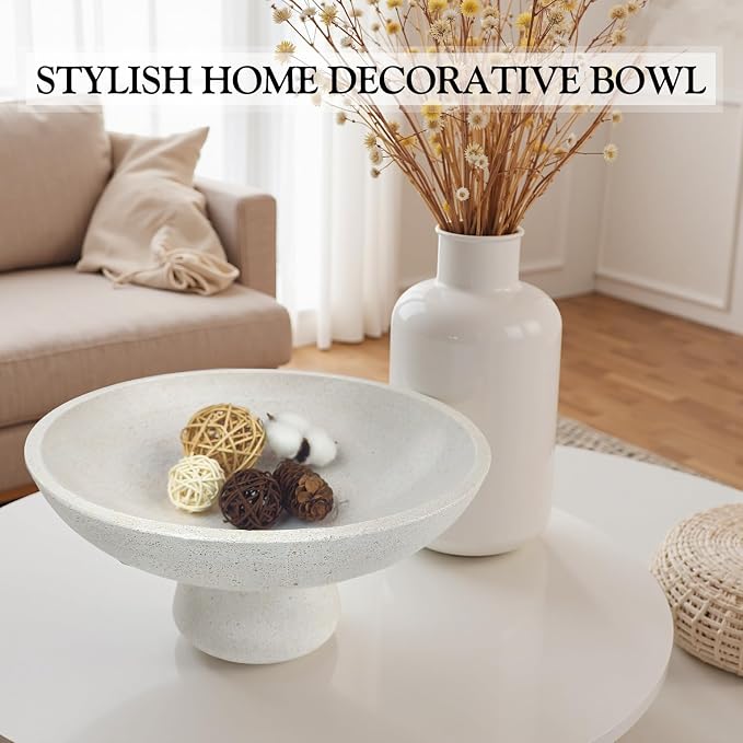Large Decorative Fruit Bowl - Modern Handcrafted Resin Pedestal Bowl for Kitchen Counter, Entryway Key Holder & Table Centerpiece, Off-White Travertine Stone Bowl