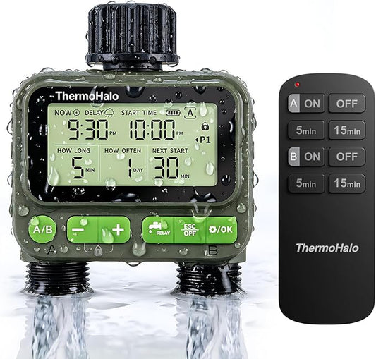 Smart Sprinkler Timer with Remote, 8-Zone Programmable Dual Outlet Watering timers, IP65 Waterproof Automatic/Manual Hose Timer with Child Lock for Lawn, Yard, Garden, and Pool (Twin)