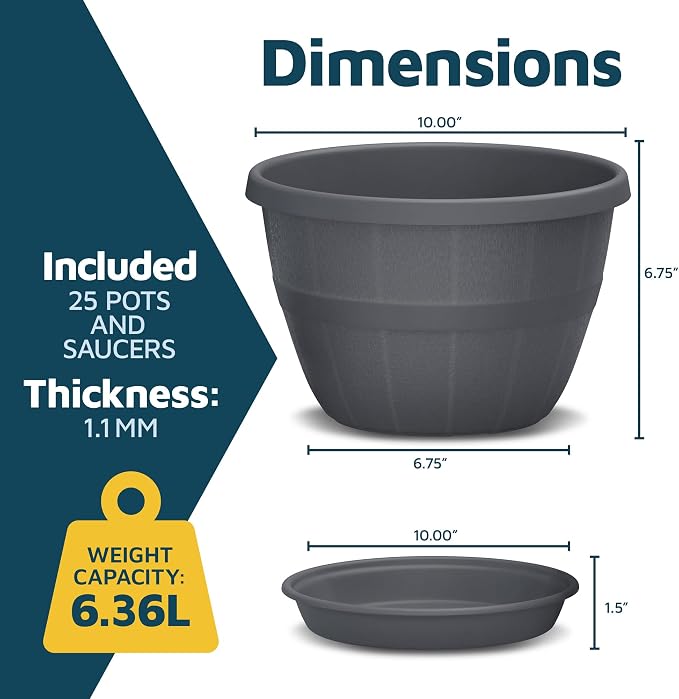 10-Inch Whiskey Barrel Planters Outdoor Pack of 25 - Durable Plastic Plant Pots for Indoor & Outdoor Use with Drainage & Saucer, Lightweight Rustic Barrel Planters for Flowers, Herbs & Small Plants