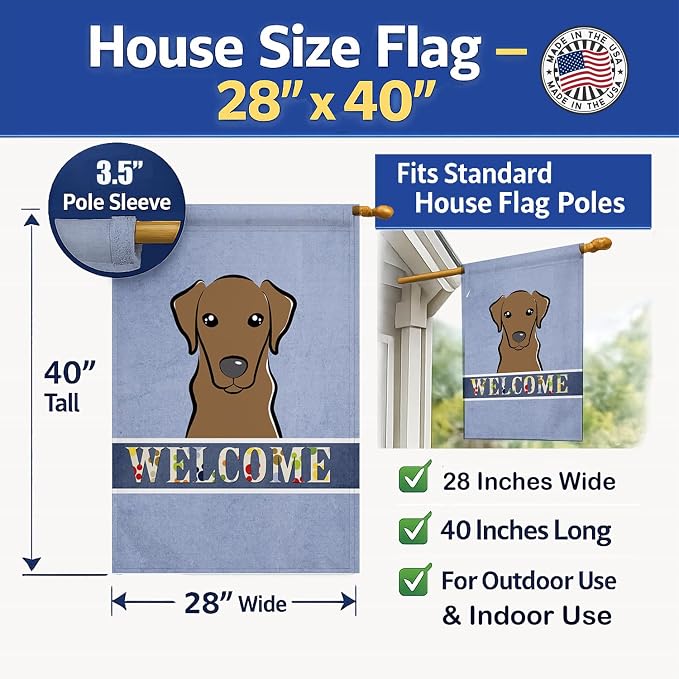 Caroline's Treasures BB1420CHF Chocolate Labrador Welcome House Flag, Blue Large Porch Sleeve Pole Decorative Outside Yard Banner Artwork Wall Hanging, Polyester, House Size, Multicolor