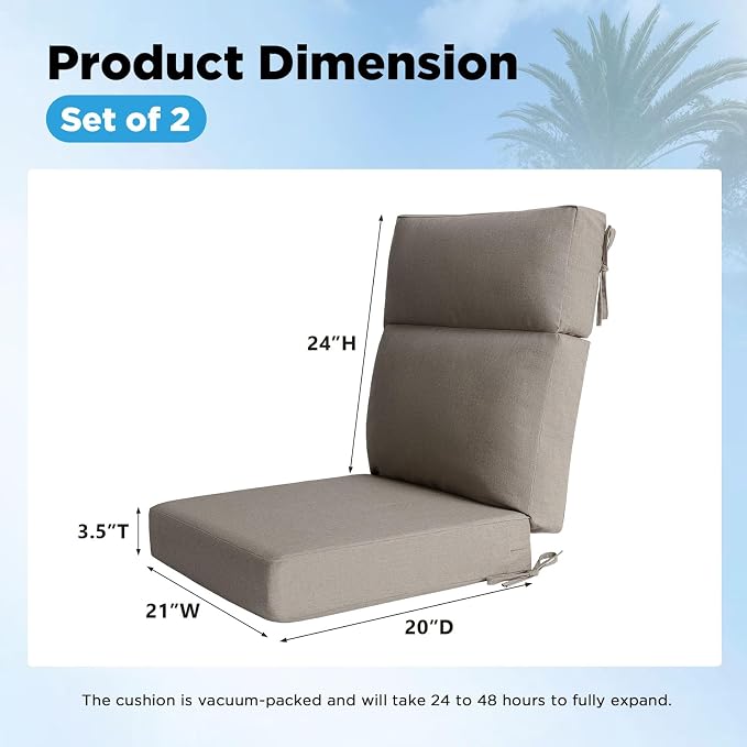Sunbrella Outdoor Patio Chair Cushions 44x21x3.5 inch, Set of 2 Thicken Comfy Cushions for Rocker Non Slip Fade Shield Water Repellent High Back with Ties, Cast Shale