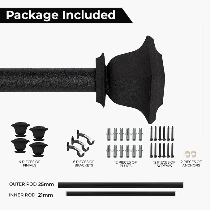 Deco Window Adjustable Curtain Rod for Windows 44 to 120 Inch (Pack of 2) Extendable Heavy Duty 1 Inch Iron Drapery Pole with Finials Wall Mounted French Door Curtain Rods (Dark Stone)