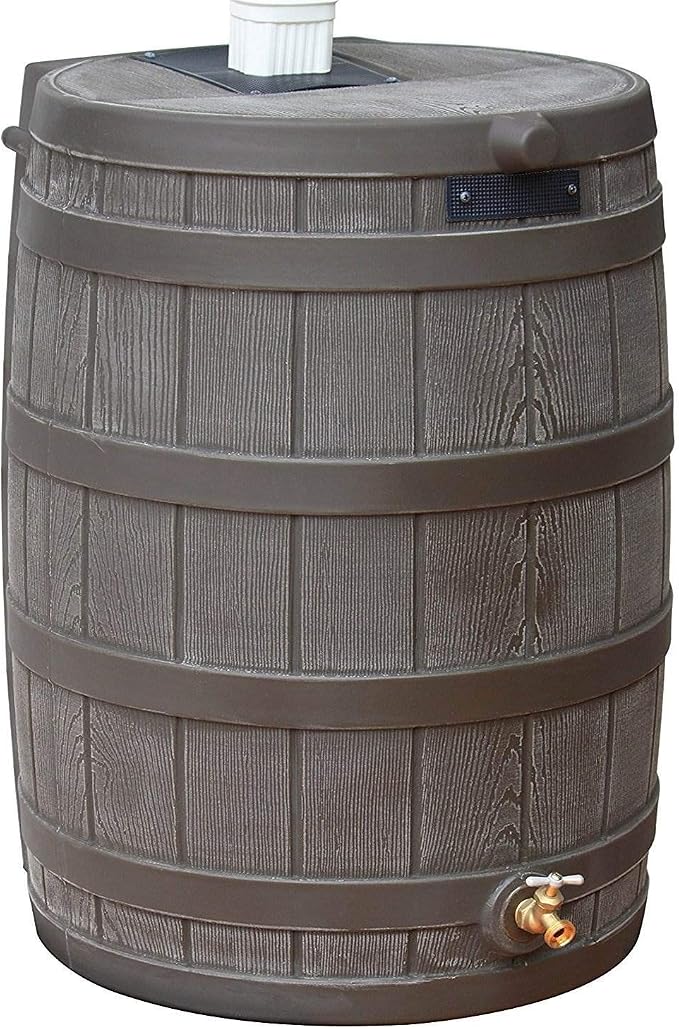 Good Ideas Rain Wizard 50 Gallon Plastic Outdoor Home Rain Barrel Water Storage Collector with Brass Spigot and Flat Back Design, Oak (3 Pack)
