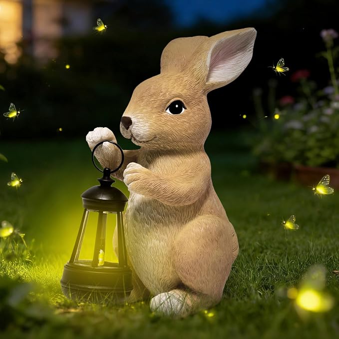 basen Outdoor Bunny Statue with LED Lantern, Battery Powered Resin Rabbit Garden Decor, Weather Resistant Lawn Yard Patio Ornament for Outdoor Indoor Spring Easter Home Decoration