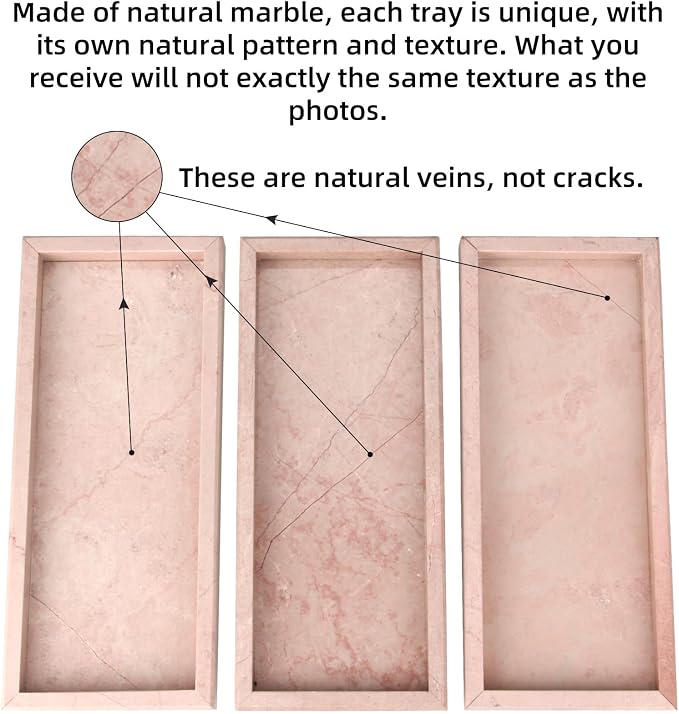 Marble Bathroom Vanity Tray, Natural Luxury Vanity Home Kitchen Bathroom Table Tray, Stone Decorative Countertop Dresser Trays for Key Coffee Perfume Jewelry Makeup (Pink/Cream Rose, 12"x 5" x1.2")
