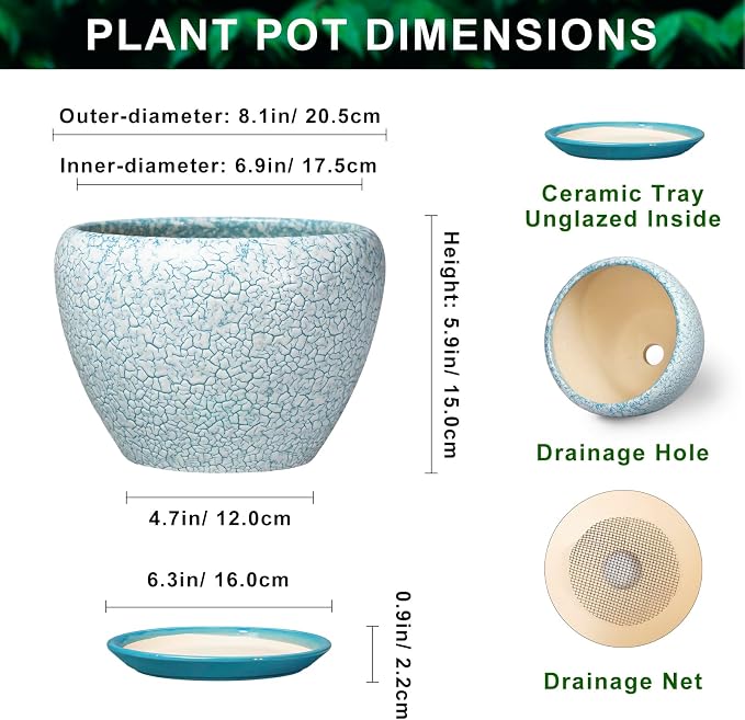Ceramic Plant Pots, 8 Inch, Crackle Blue | Indoor Plant Pots, Drainage Hole and Tray, Decorative Round Planters, For Outdoor Plants