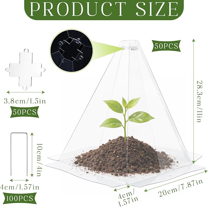 Yalikop 50 Pack Garden Cloches for Plants, Clear Plastic Plant Cloche Covers with 100 Stakes, Reusable Frost Protection Dome for Seedlings, Protect from Snails, Birds, Animals, 7.8" x 11"