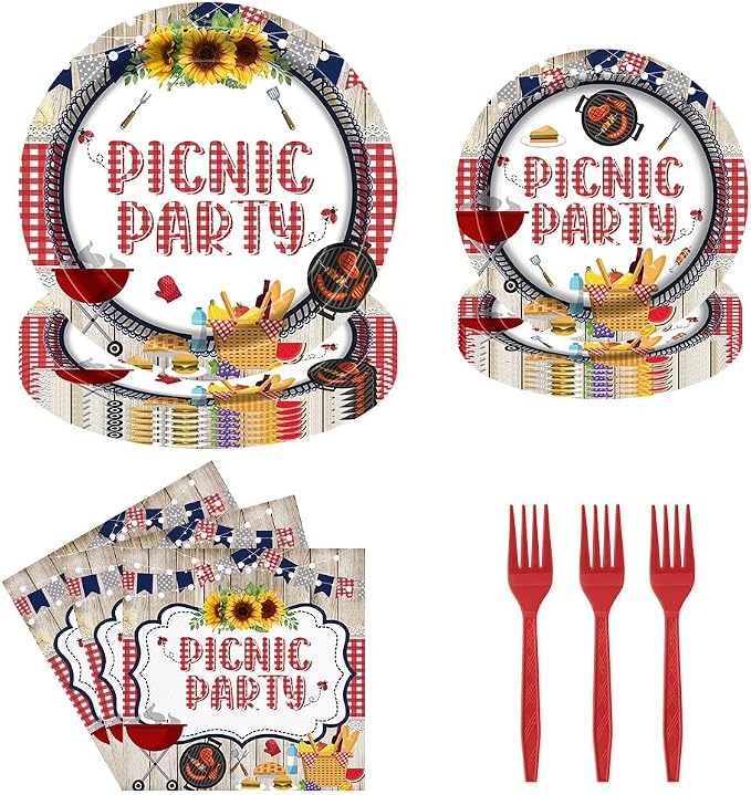 Picnic Party Tableware Set 96 Pcs Disposable Plates Napkins Forks BBQ Birthday Brunch Red White Checkered Sunflower Outdoor Party Decorations Serve 24 Guests
