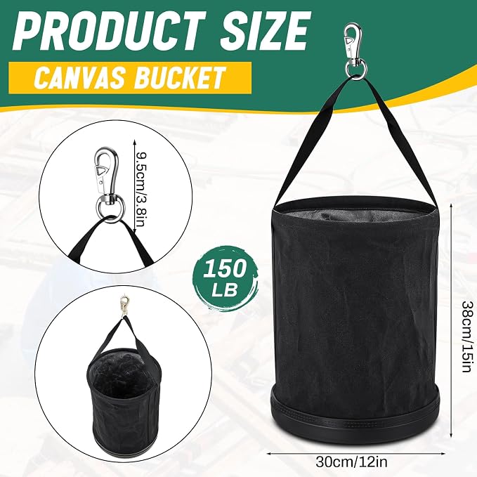 2 Pack Canvas Bucket 15" x 12" Heavy Duty Lineman Tool Bag with Plastic Bottom & Metal Hook Electrician Tool Organizer for Jobsite Use, Load Rated up to 150 Pounds (Black)