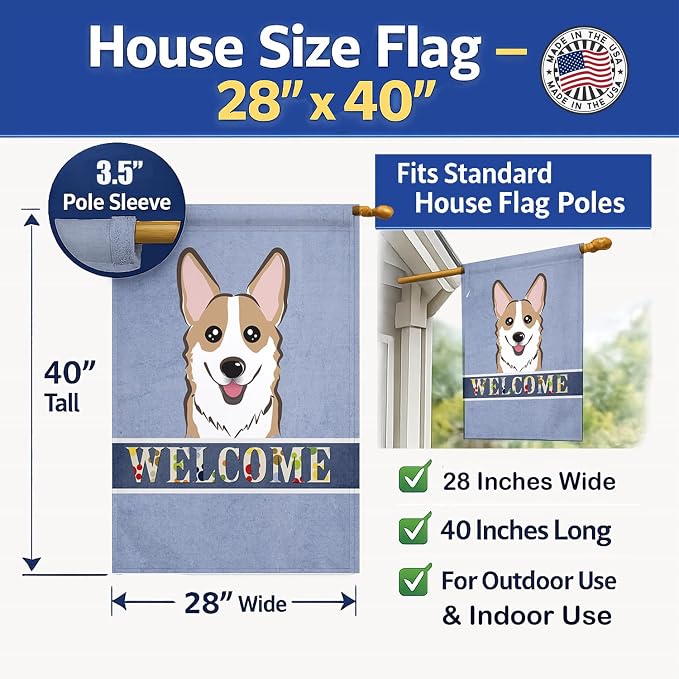 Caroline's Treasures BB1439CHF Sable Corgi Welcome House Flag, Blue Large Porch Sleeve Pole Decorative Outside Yard Banner Artwork Wall Hanging, Polyester, House Size, Multicolor