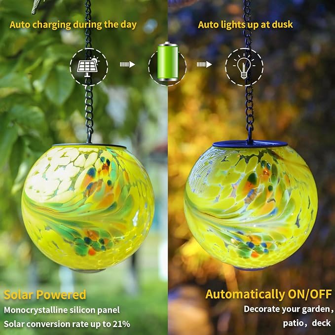 VCUTEKA Glass Solar Lanterns Outdoor Yellow Hanging Solar Light for Outside | Solar Lanterns Outdoor Waterproof with Hook, Energy-Efficient LED White Glass Gazing Ball Lights for Garden, Yard Decor