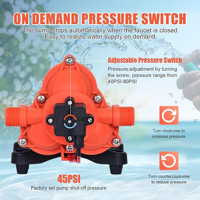 DC 12V RV Water Pump 3.5GPM 45PSI, 12 Volt On Demand Water Pressure Pump with Pressure Switch Quiet Self-priming Portable Diaphragm Pump for RV Camper Marine Garden Yacht Boats irrigation Rain Barrel