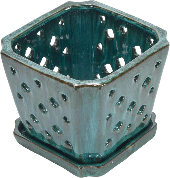 W&W Orchid Pot with Holes and Saucer for Repotting, Green Mix, 7"