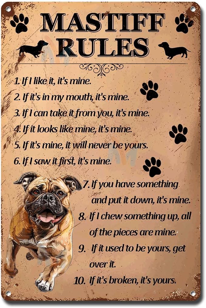 Metal Sign Tin Sign Vintage Wall Art Mastiff Rules Vintage Sign for Restaurant 8×12 Inches